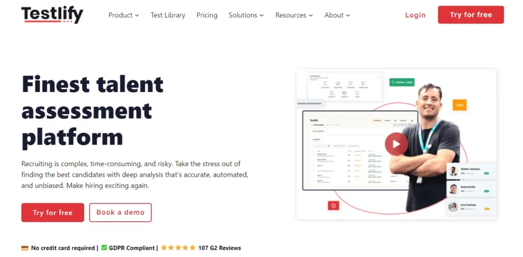 Testlify home page Finest talent assessment platform Recruiting is complex, time-consuming, and risky. Take the stress out of finding the best candidates with deep analysis that’s accurate, automated, and unbiased. Make hiring exciting again.